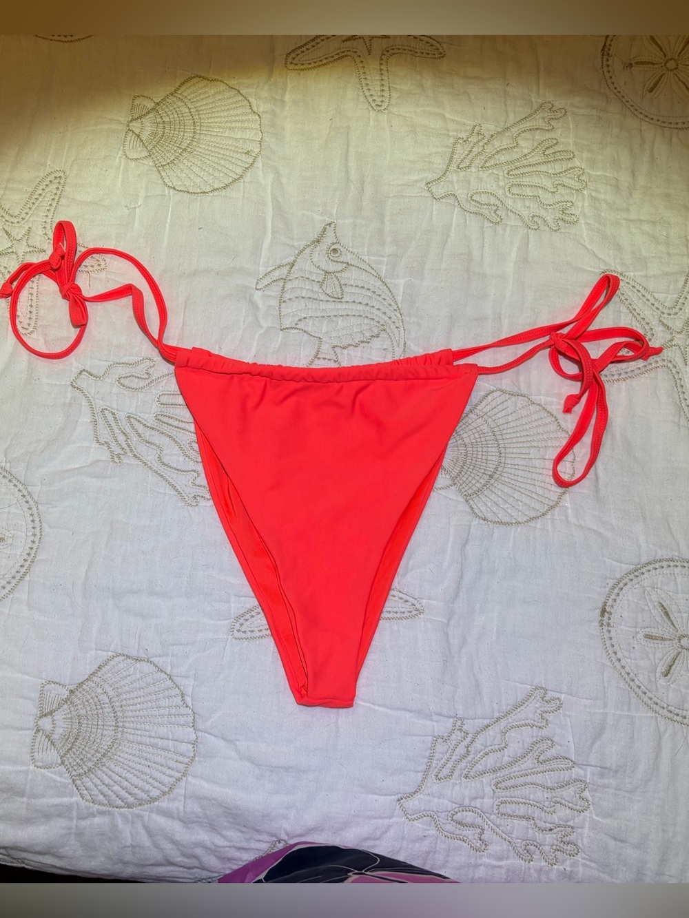 Fabletics Bright Fluorescent Coral Orange Tie-Side Sliding Bikini Bottom. Mediu